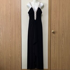 David's Bridal Black and White Plunging Neckline Embroidered Backless Dress